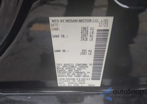 2022 Nissan Altima Sv Fwd z USA, uszkodzony, nr VIN 1N4BL4DV4NN313632